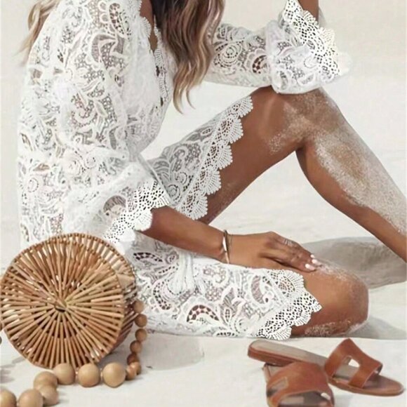 White Boho Women's Solid Color Lace Panel Deep V Neck Dress - Picture 5 of 5